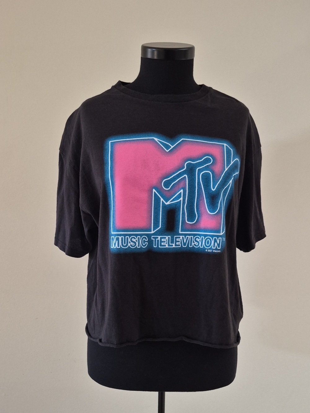 Junk Food Clothing Black MTV Logo Tee with Pink & Blue Neon Graphic